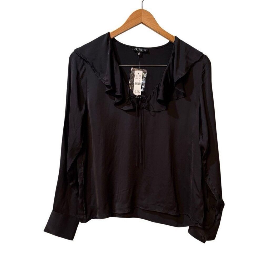 J.Crew Womens Ruffle Collar Blouse Small Black Long Sleeve NWT